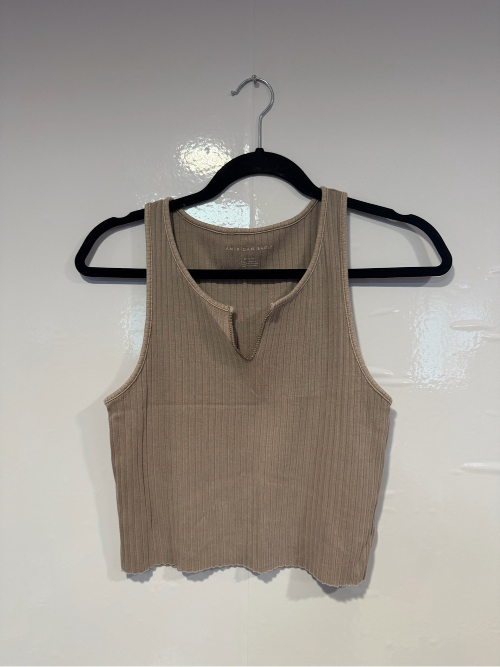 American Eagle Outfitters Ribbed Notch-Neck Tank Top in Taupe